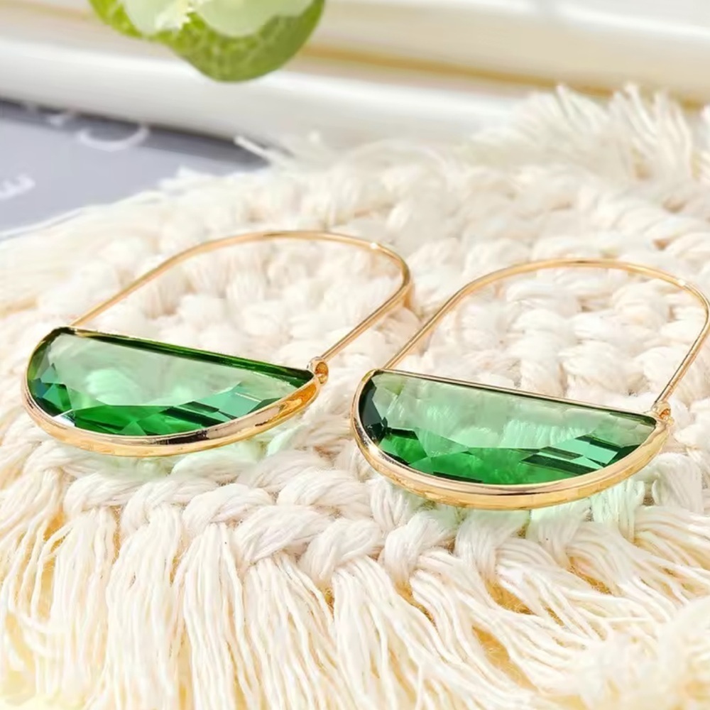 Anthropologie Light Green Glass Crescent Hoop Gold Earrings - Picture 6 of 6